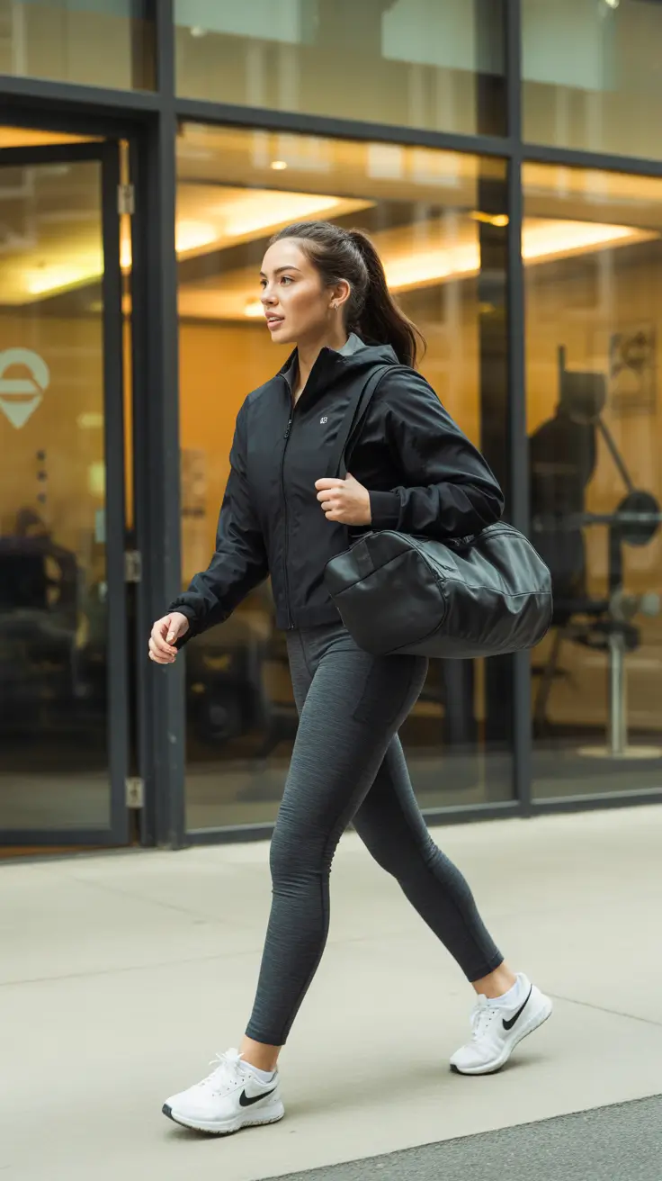 Trendy Women Workout Outfits 2026 - City Ready Black Layers For A Gym Run