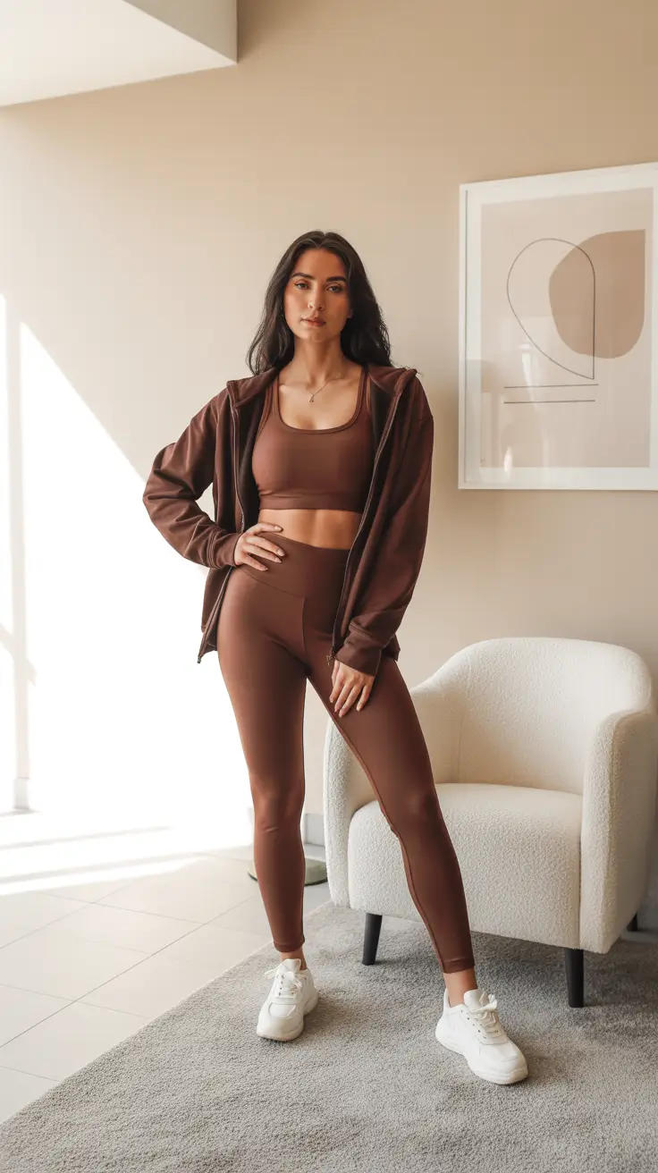 Trendy women workout outfits 2026 Chocolate Brown Lounge To Lift Set
