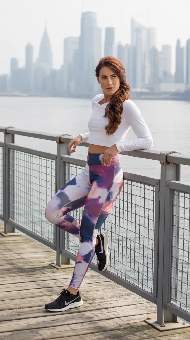 Trendy women workout outfits 2026 Watercolor Leggings With A Clean White Top