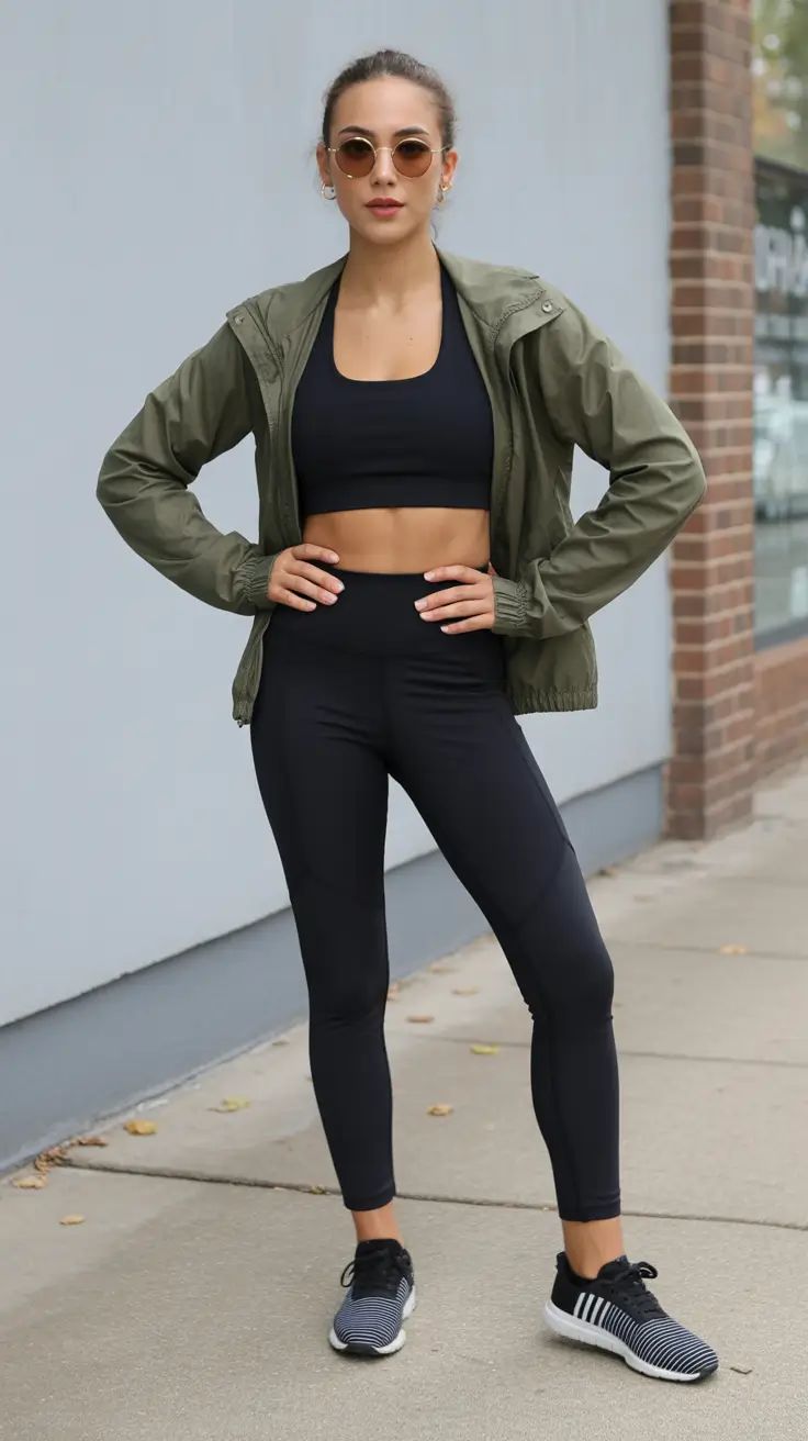 Trendy women workout outfits 2026 Olive Windbreaker Over A Black Base