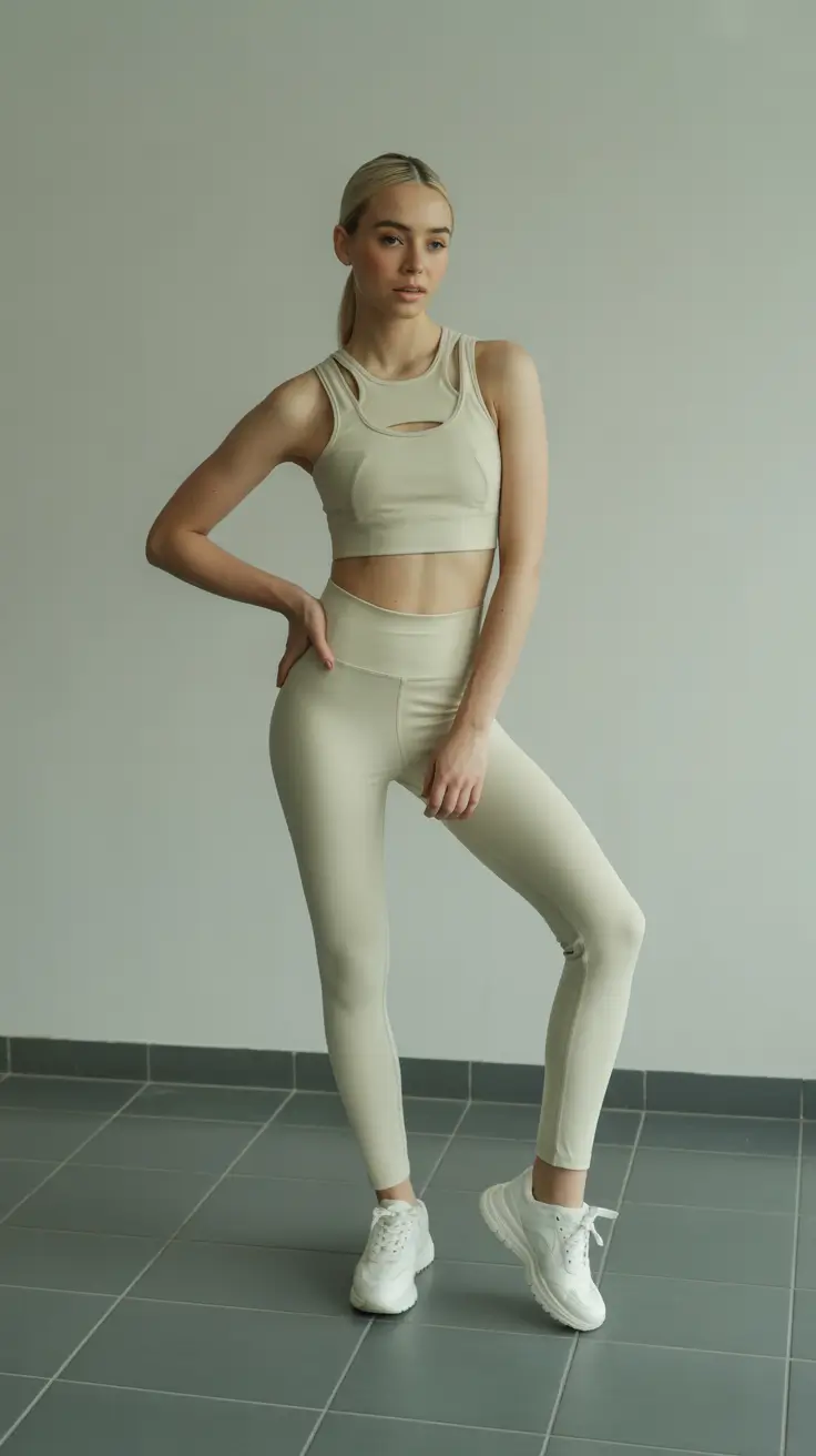 Trendy women workout outfits 2026 Clean Cream Set For Studio Days
