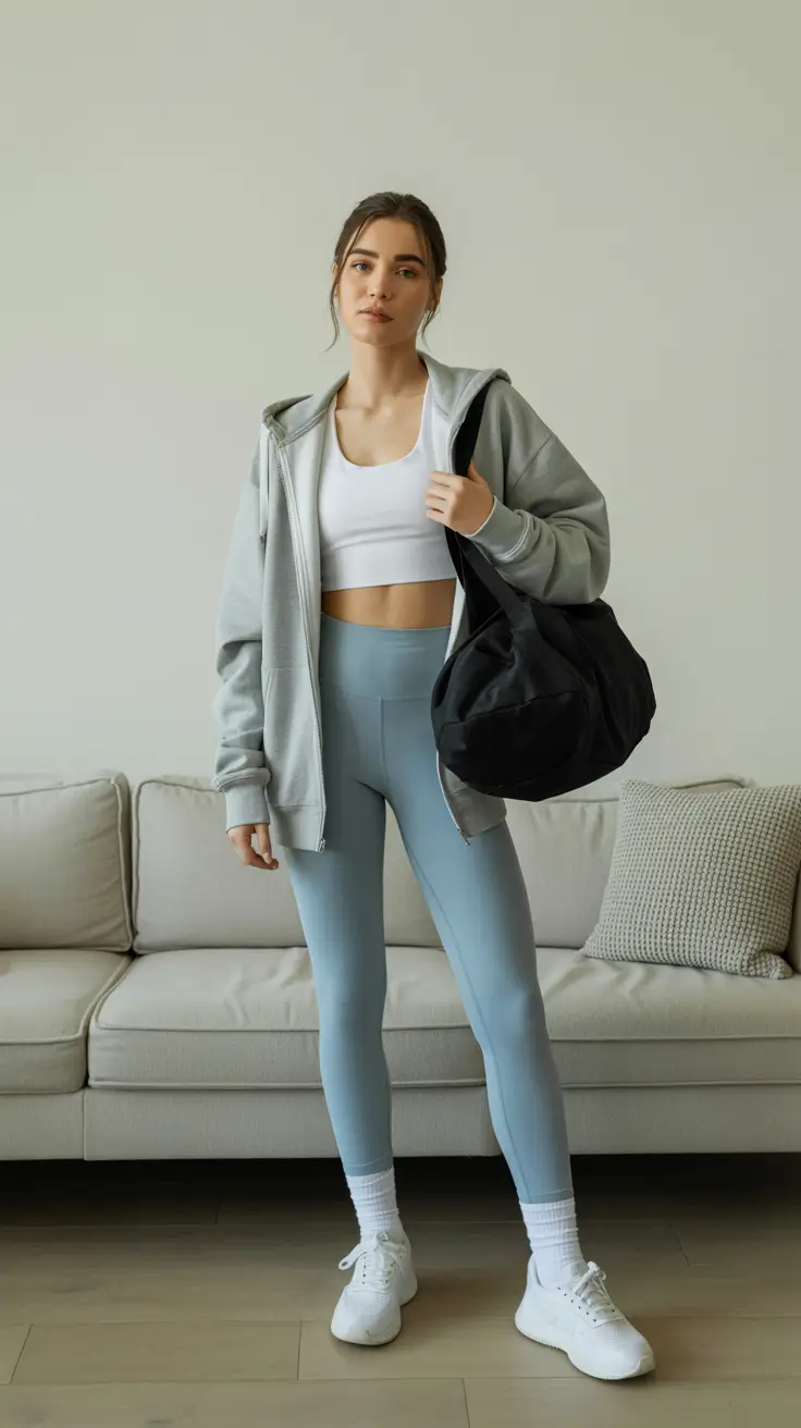 Trendy Women Workout Outfits 2026 - Soft Grey Hoodie And Sky Blue Leggings For Off Duty Days