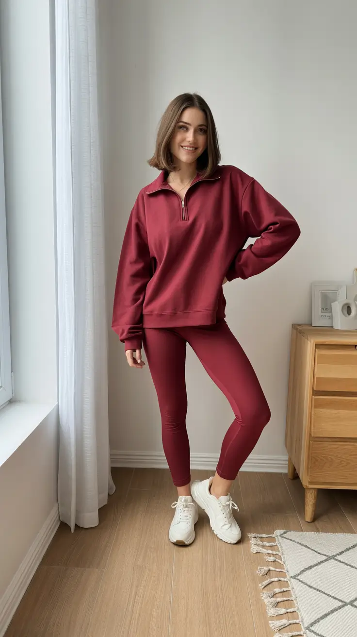 Trendy Women Workout Outfits 2026 - Burgundy Matching Set That Makes Cold Weather Feel Cute