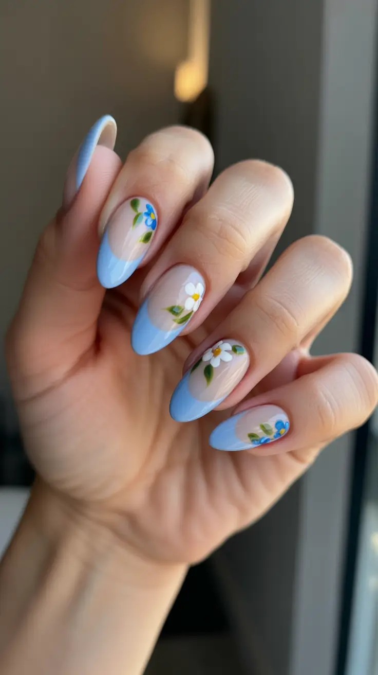 Almond Spring Nails 2026 + Sky Blue French Tips With Tiny Daisies