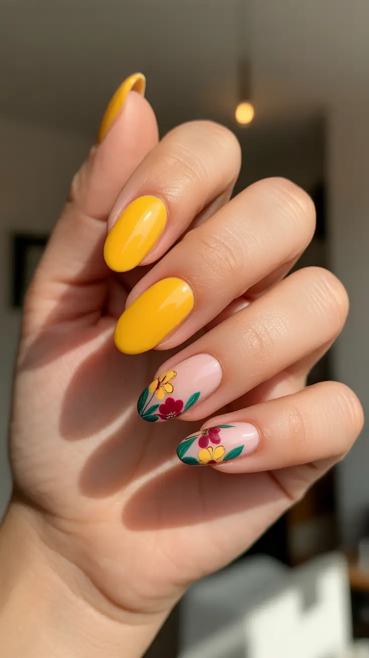 Almond Spring Nails 2026 + Sunny Yellow With Petite Floral Corners