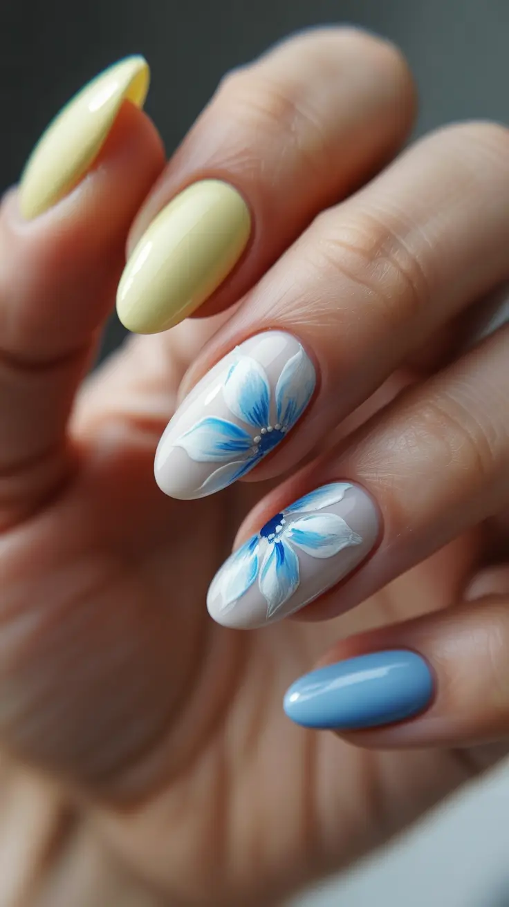 Almond Spring Nails 2026 + Butter Yellow And Blue Petal Accent