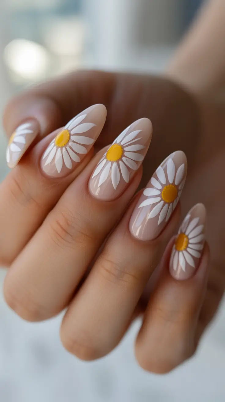 Almond Spring Nails 2026 + Classic Nude Daisies With Sunny Centers