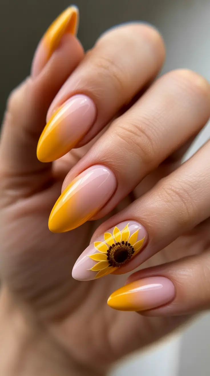 Almond Spring Nails 2026 + Sunflower Fade Tips In Golden Yellow