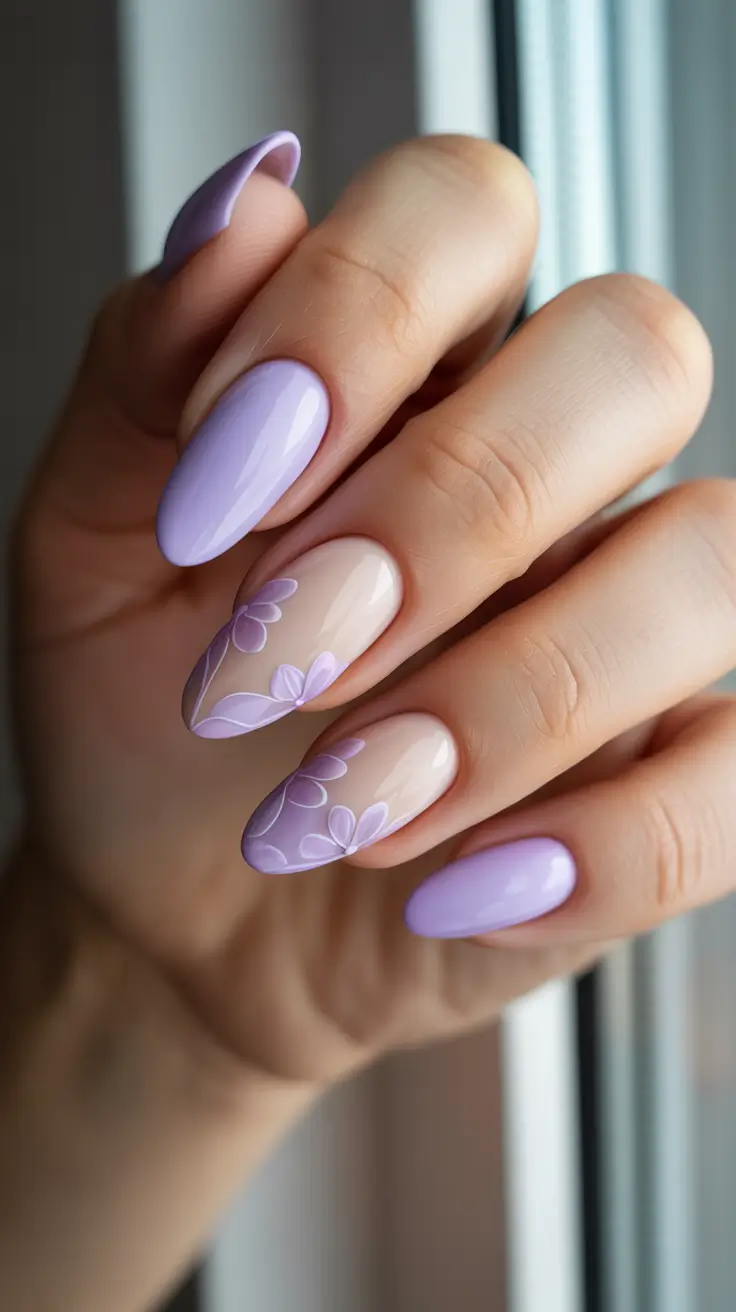 Almond Spring Nails 2026 + Lavender And Nude Floral Outline Almond