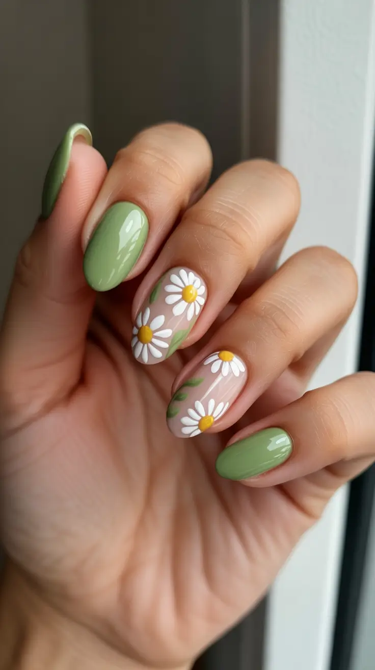 Almond Spring Nails 2026 + Sage Green And Daisy Accent Almond
