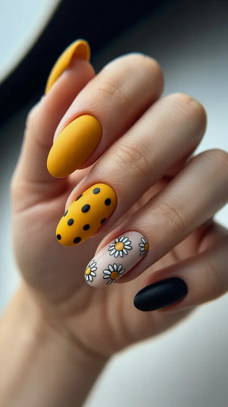 Almond Spring Nails 2026 + Mustard Matte With Dots And Daisy Pop
