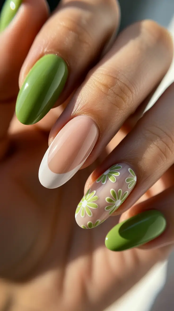 Almond Spring Nails 2026 + Green Florals With Clean French Tip Balance