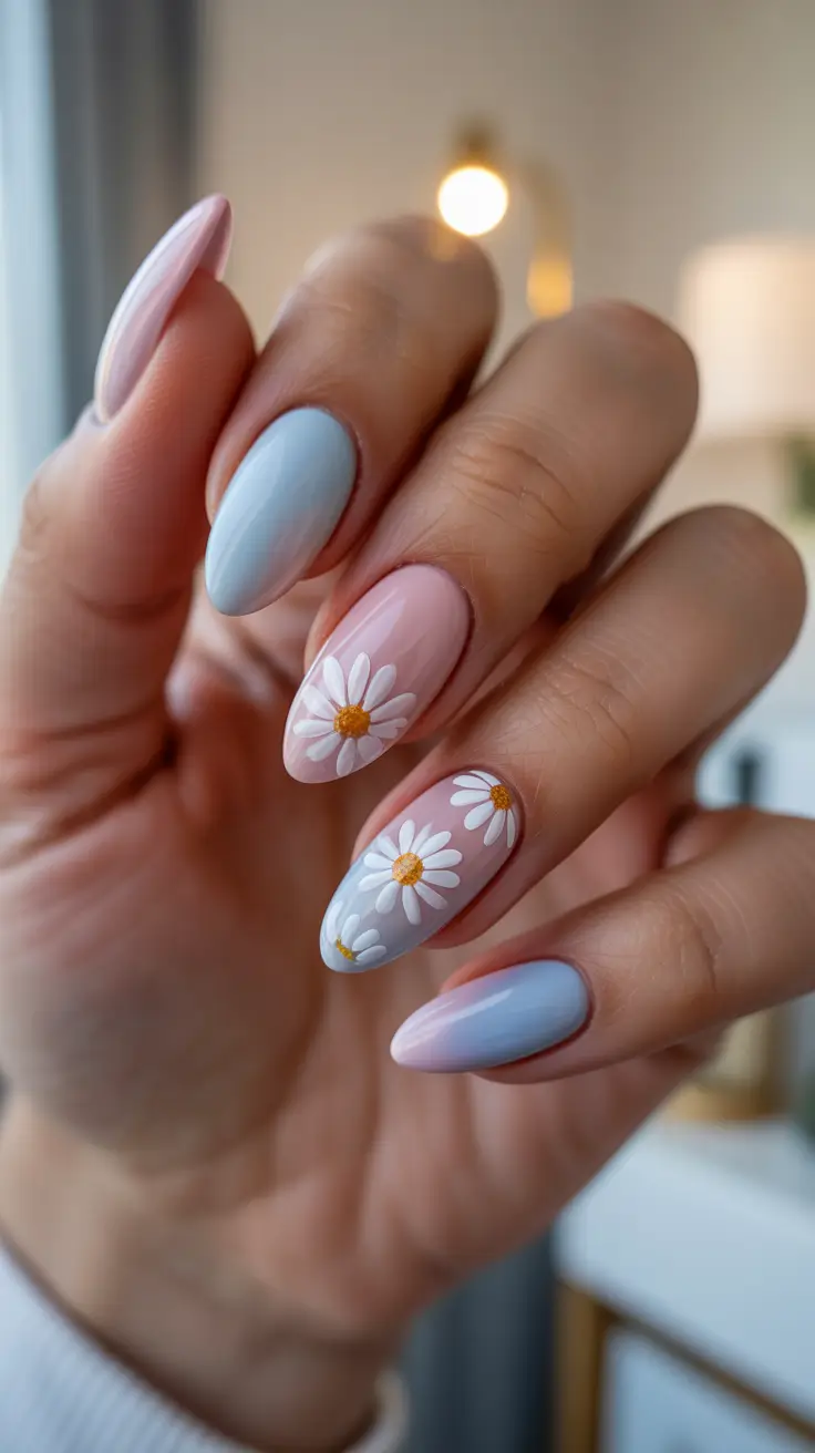 Almond Spring Nails 2026 + Dainty Daisies On Baby Blue And Blush