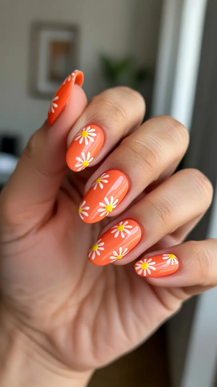 Almond Spring Nails 2026 + Sunset Coral Daisies For A Happy Spring Mood