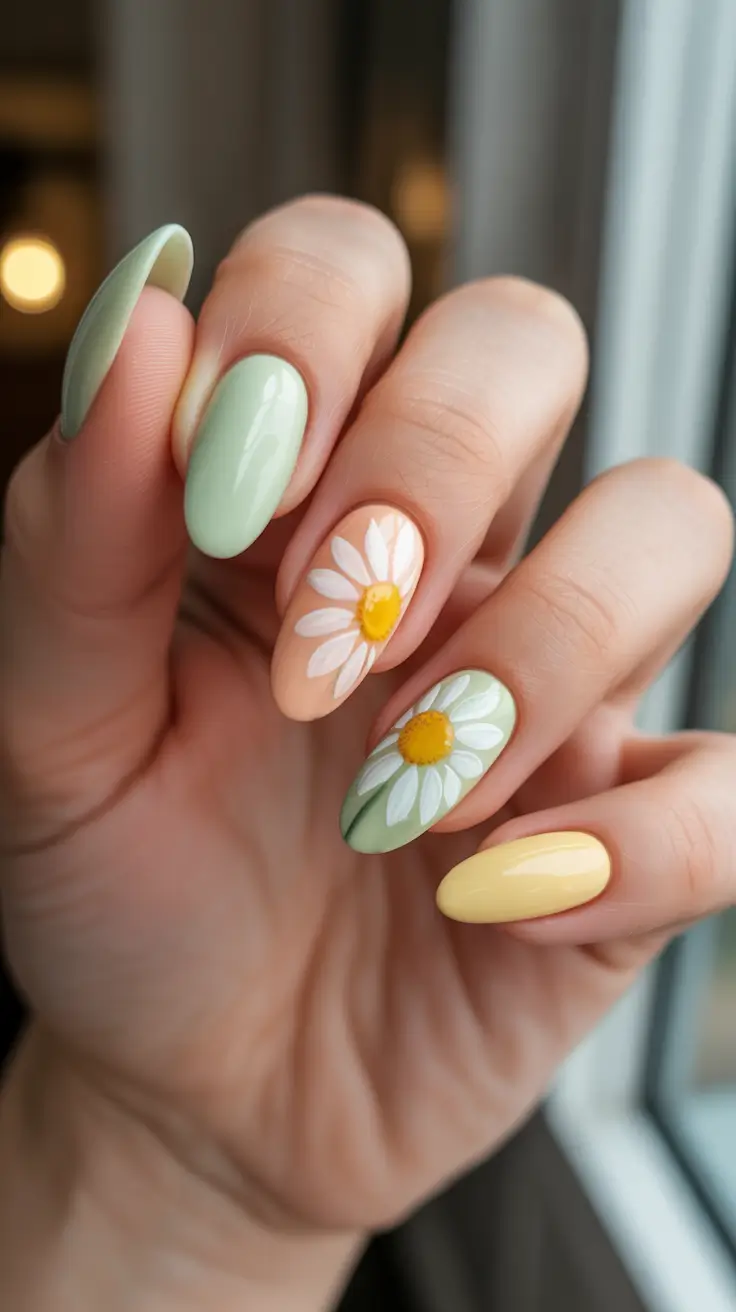 Almond Spring Nails 2026 + Daisy Accent Mix And Match Almond