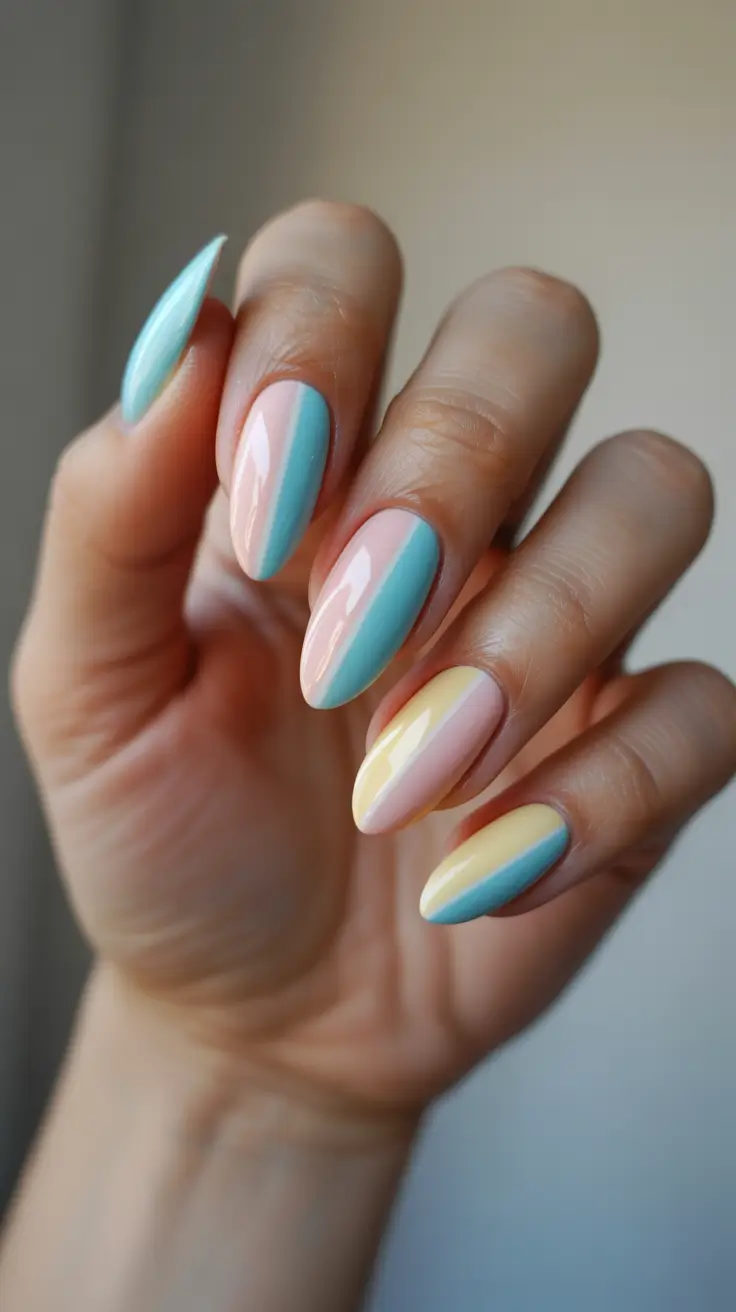 Almond Spring Nails 2026 + Diagonal Pastel Color-Block Almond