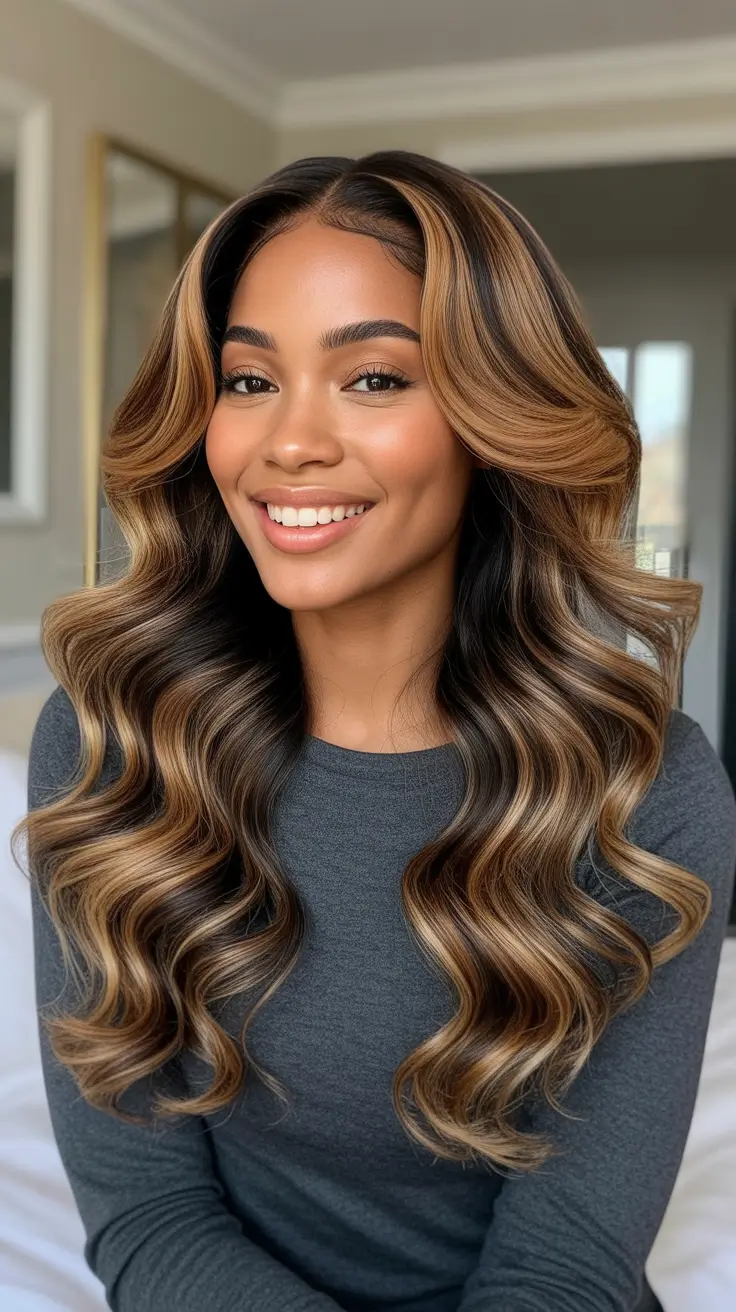 Best hair color for brown skin 2026 Honey Bronde Ribbons With Soft Glam Volume