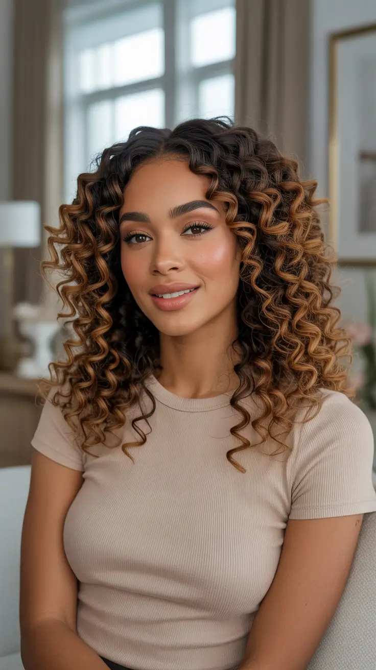 Best hair color for brown skin 2026 - Defined Caramel Curls With Bright Dimension