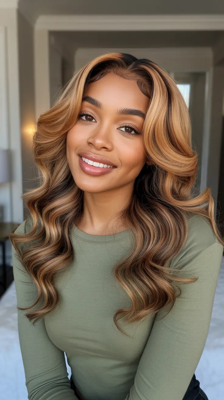 Best hair color for brown skin 2026 Golden Blonde Balayage With Soft Root Shadow