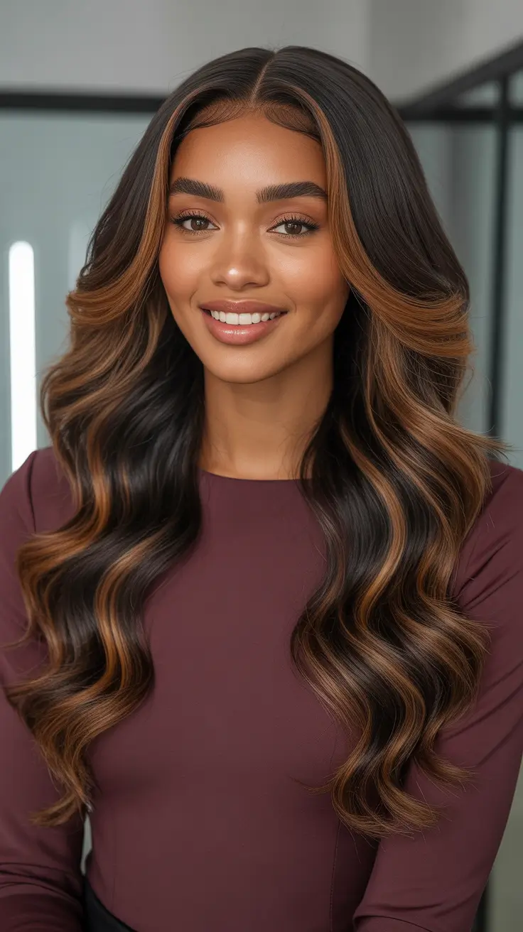 Best hair color for brown skin 2026 Deep Brunette Waves With Cinnamon Highlight Ribbons