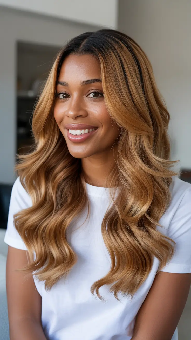 Best hair color for brown skin 2026 Honey Blonde Melt With Soft Beachy Movement