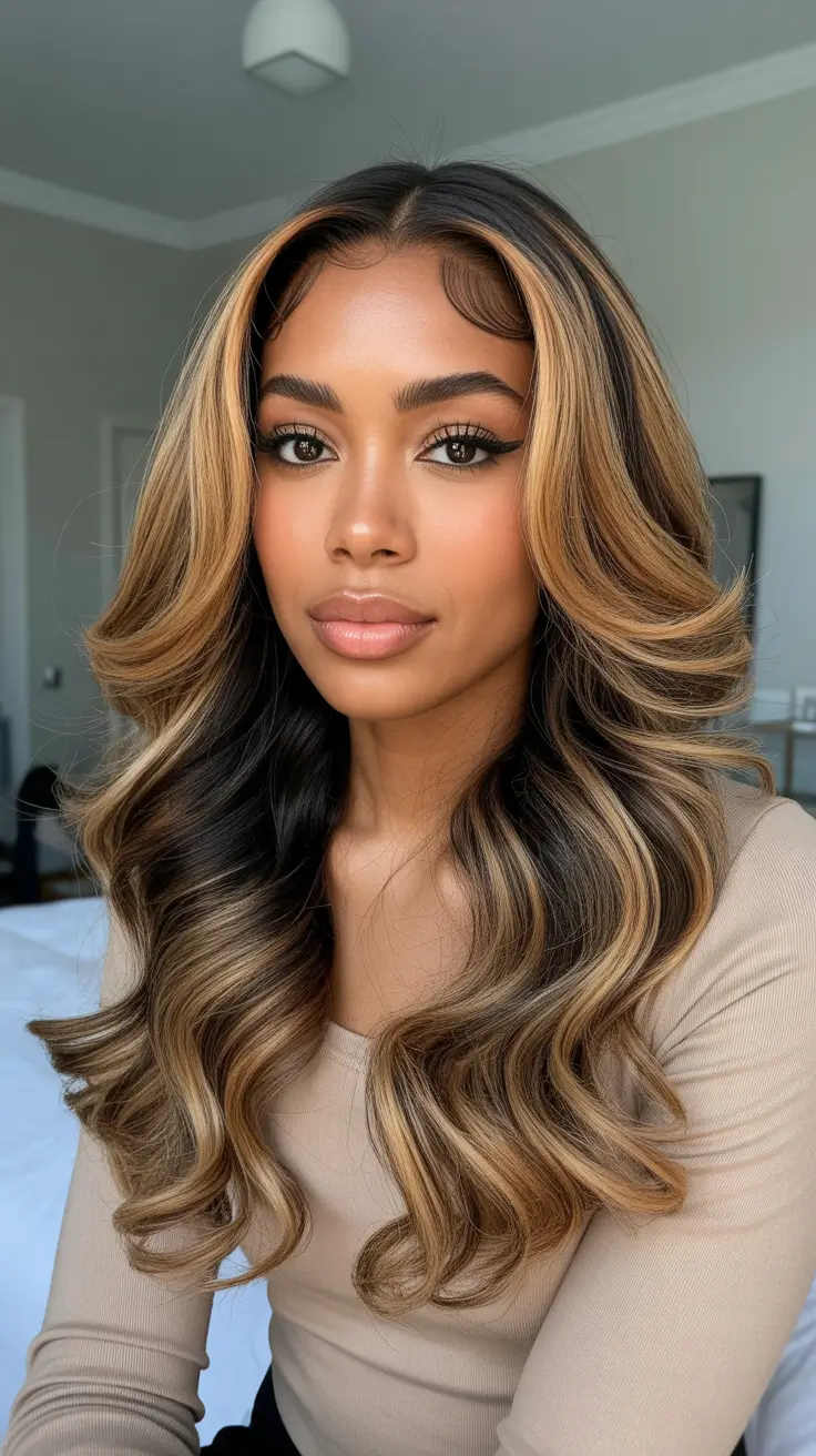 Best hair color for brown skin 2026 Caramel Money Pieces With Bouncy Bombshell Waves