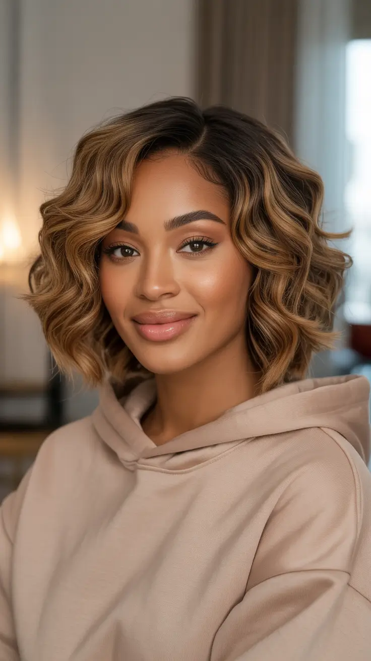 Best hair color for brown skin 2026 - Soft Wavy Bob With Toasted Blonde Dimension