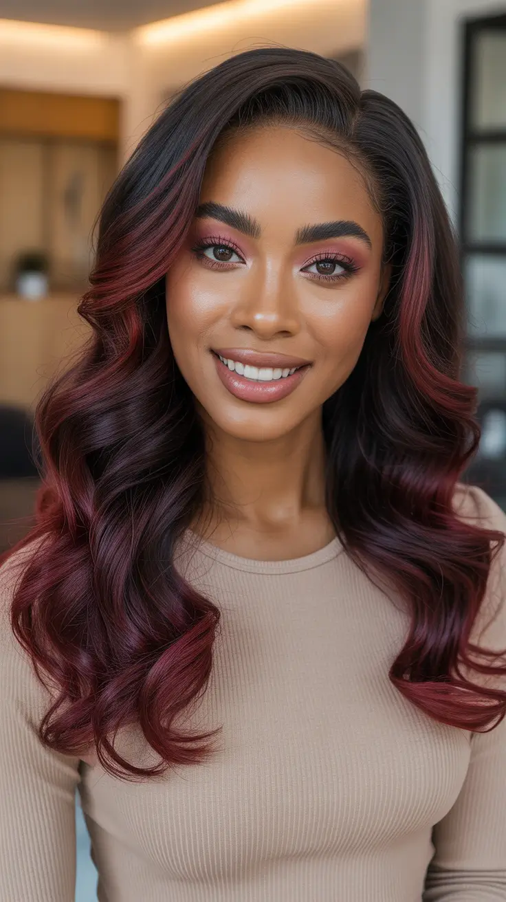 Best hair color for brown skin 2026 Cherry Cola Waves With A Glossy Red Melt