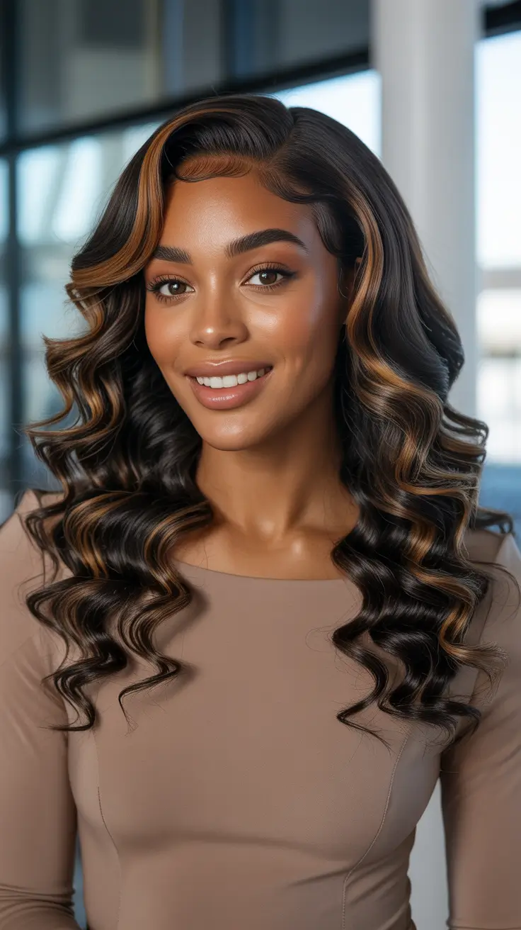 Best hair color for brown skin 2026 Espresso Curls With Golden Face Framing Lights