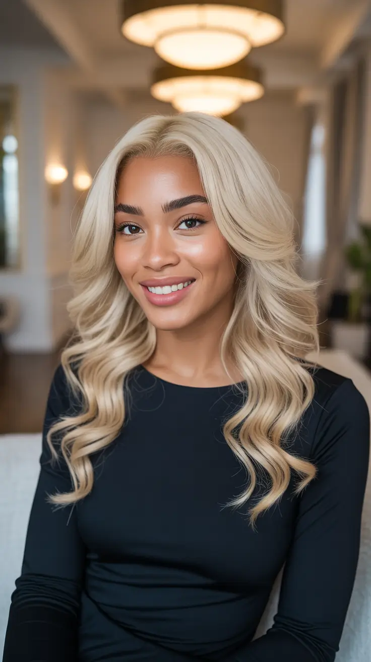 Best hair color for brown skin 2026 - Champagne Blonde Waves With A Soft Root