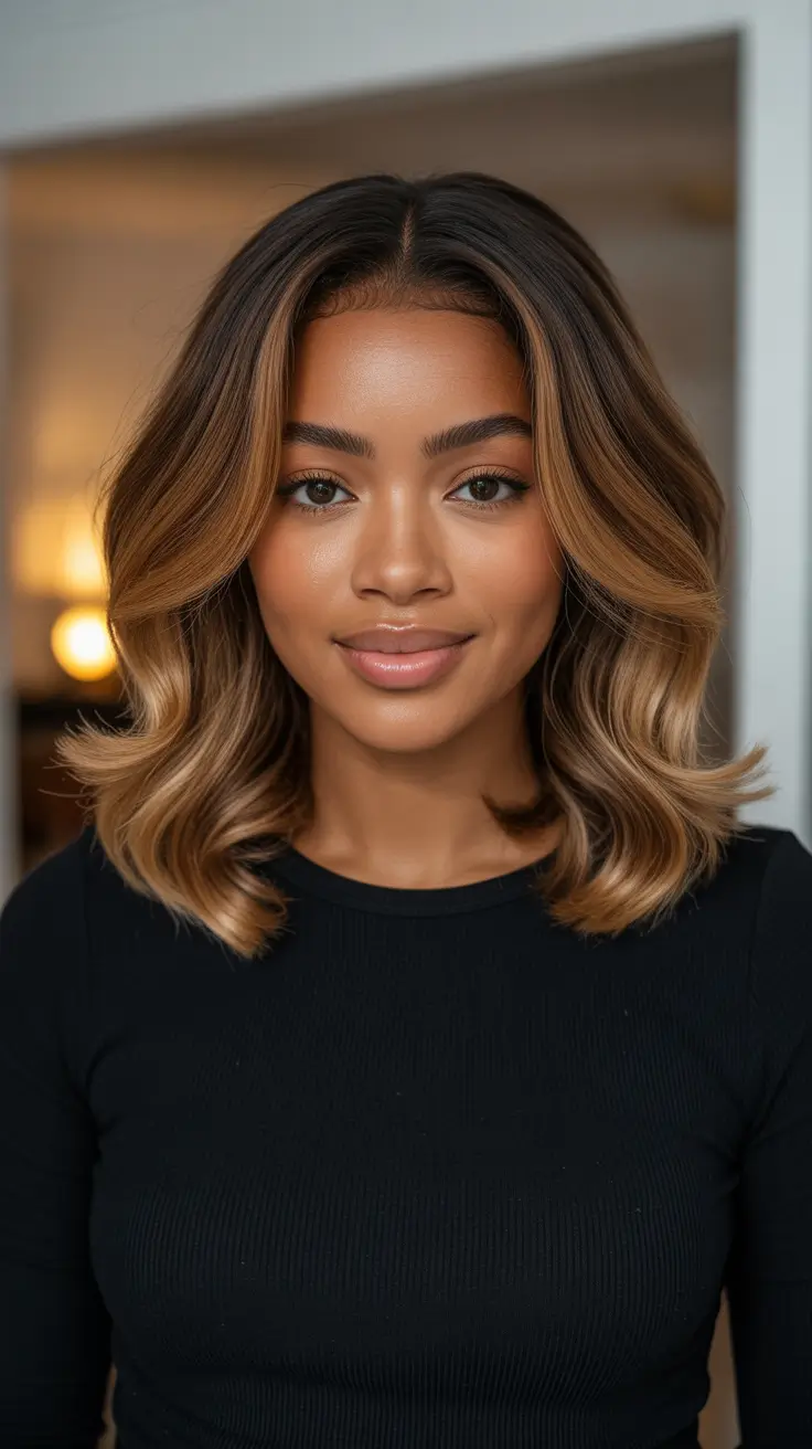 Best hair color for brown skin 2026 - Soft Honey Balayage Lob With Flippy Ends