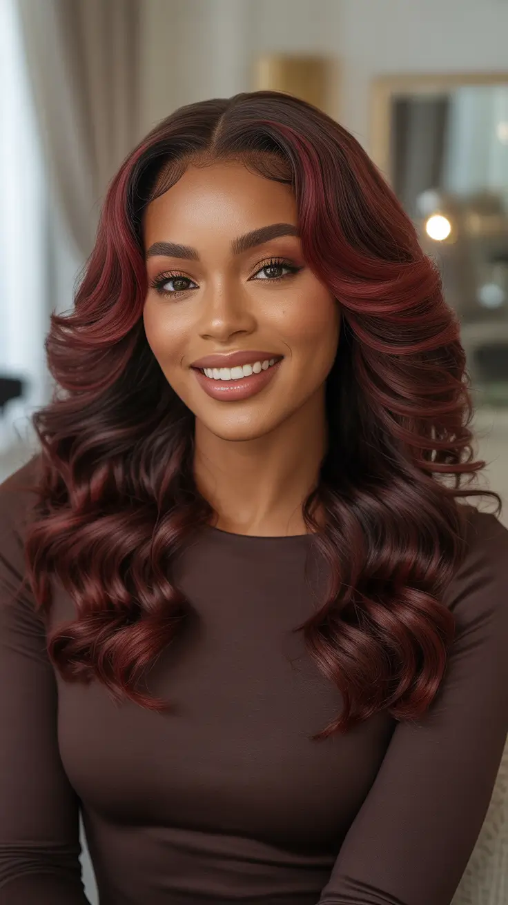 Best hair color for brown skin 2026 - Velvet Burgundy Waves For A Night-Out Glow