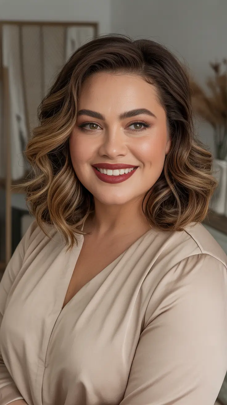 Best haircuts for fat faces 2026 - Side Swept Textured Bob With Warm Dimension