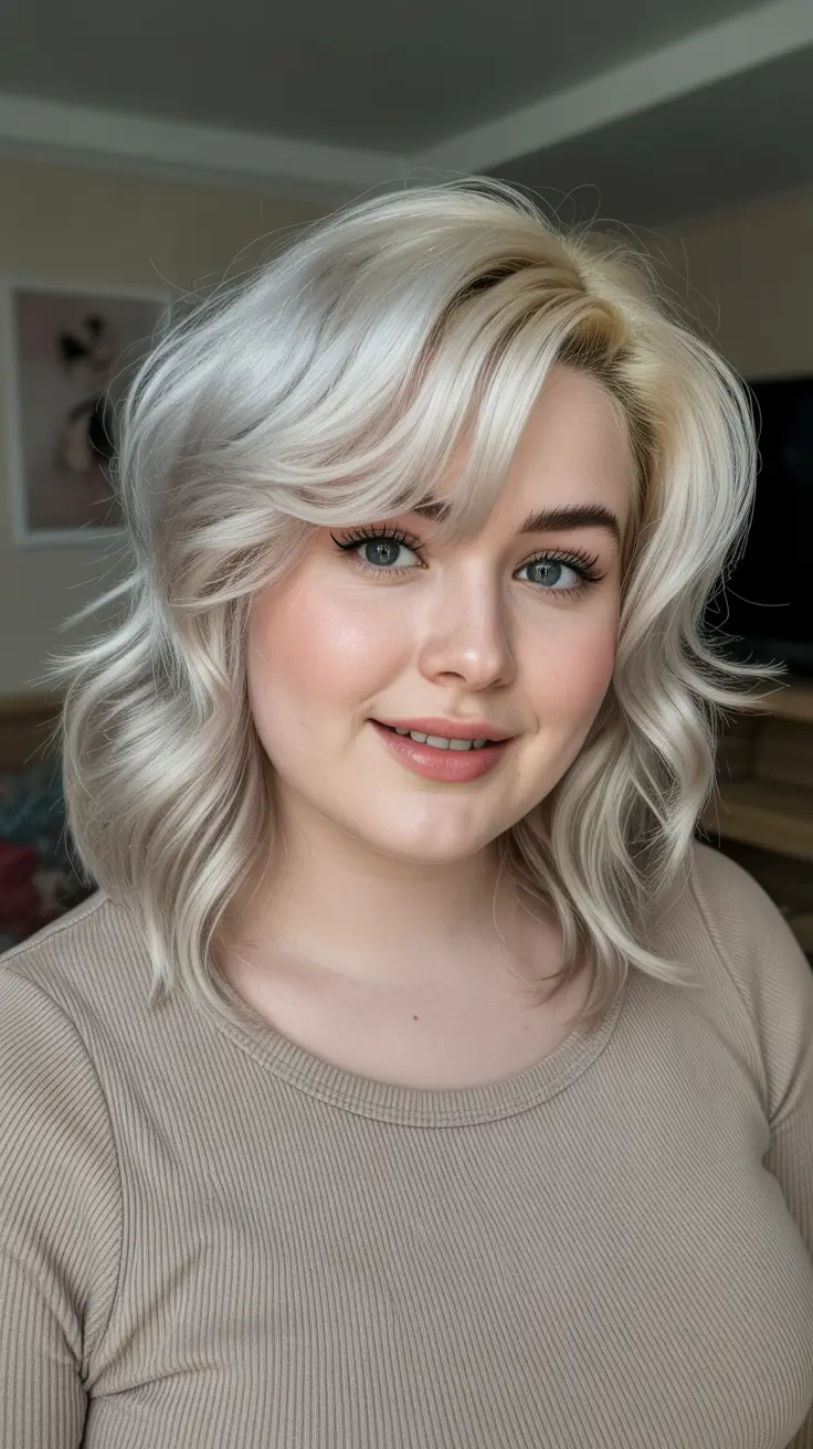 Best haircuts for fat faces 2026 - Platinum Airy Shag With Side Fringe And Soft Bend
