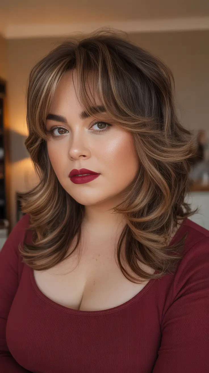 Best haircuts for fat faces 2026 - Layered Butterfly Blowout With Curtain Bangs And Bouncy Ends