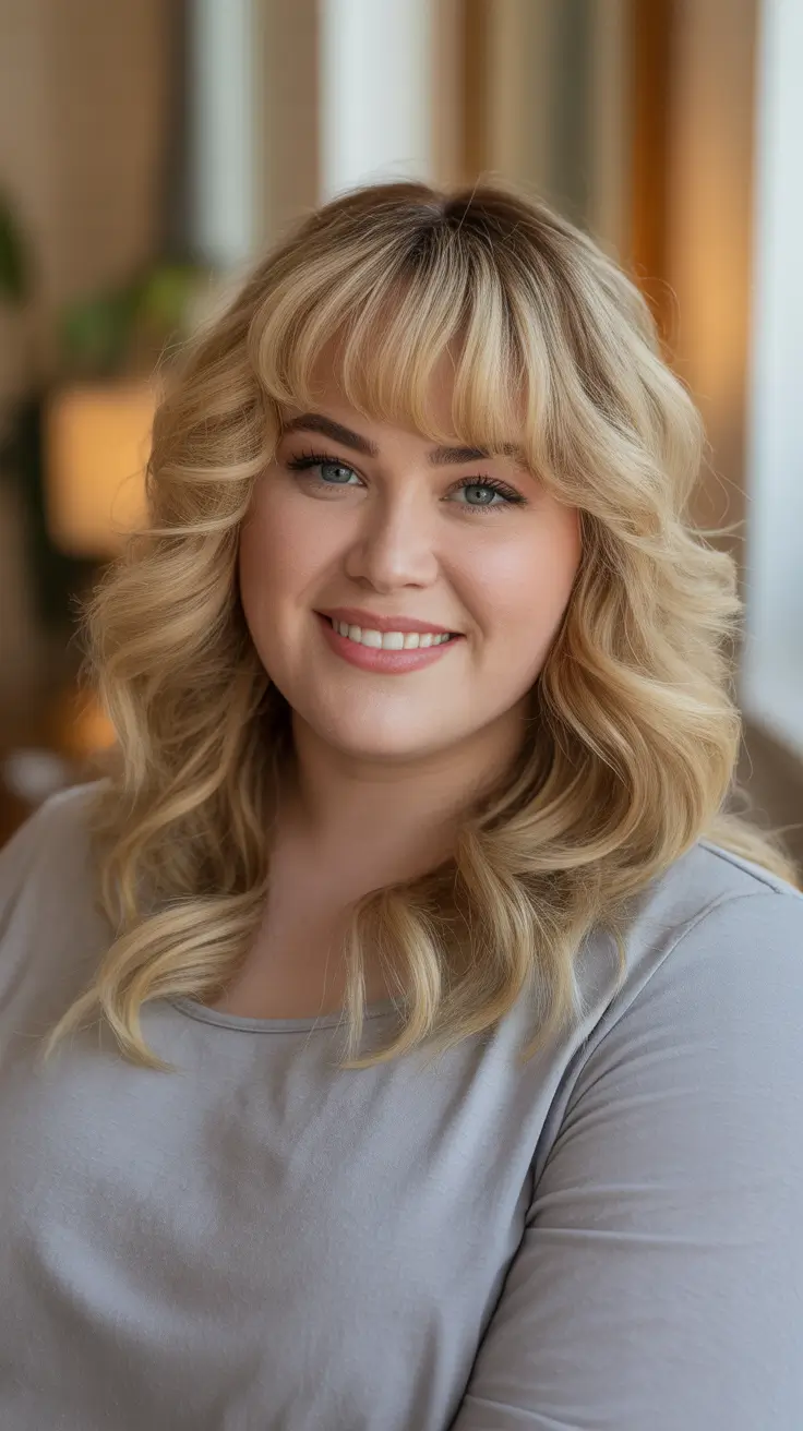Best haircuts for fat faces 2026 - Butter Blonde Layers With Full Fringe And Bouncy Curl