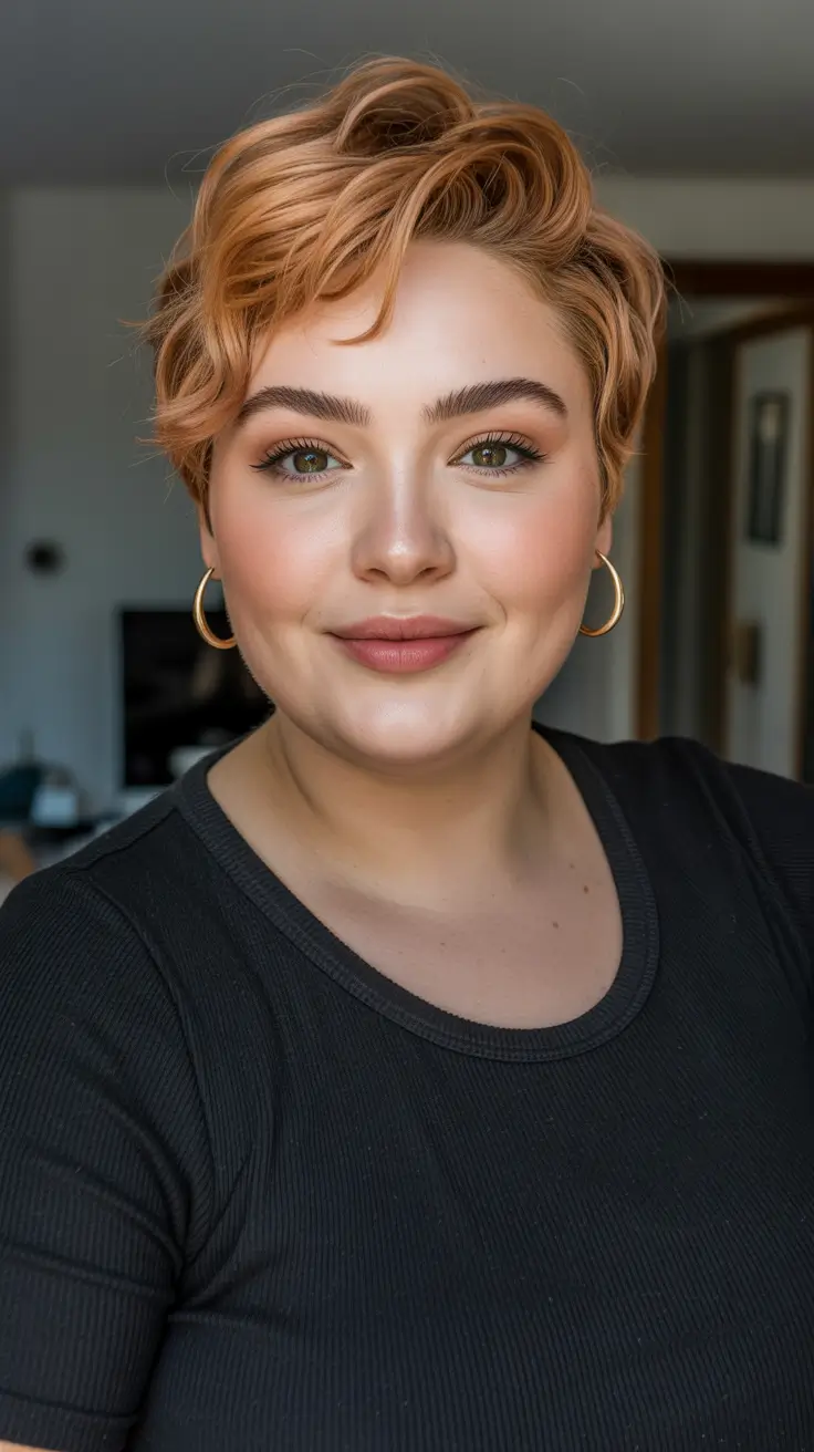 Best haircuts for fat faces 2026 - Soft Copper Pixie With Lifted Quiff And Wispy Texture