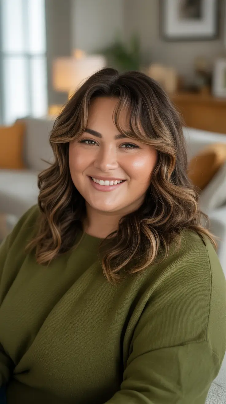 Best haircuts for fat faces 2026 - Curtain Bang Shaggy Waves For Cozy Confidence