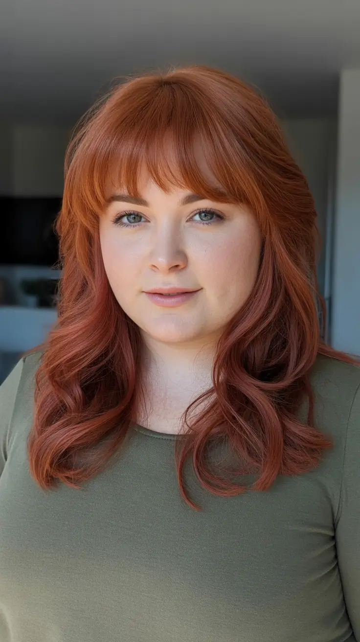 Best haircuts for fat faces 2026 - Copper Long Layers With Airy Bangs And Face Framing