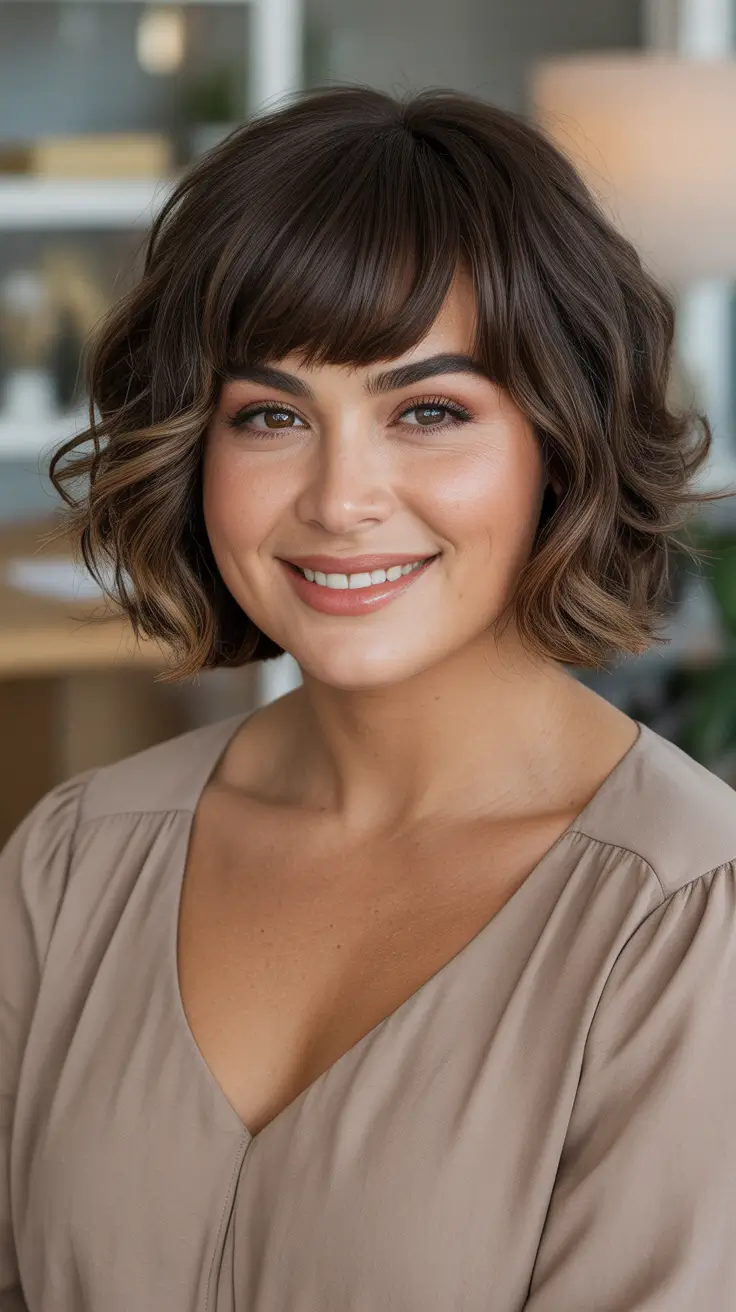 Best haircuts for fat faces 2026 - Soft Curly French Bob With A Flirty Fringe