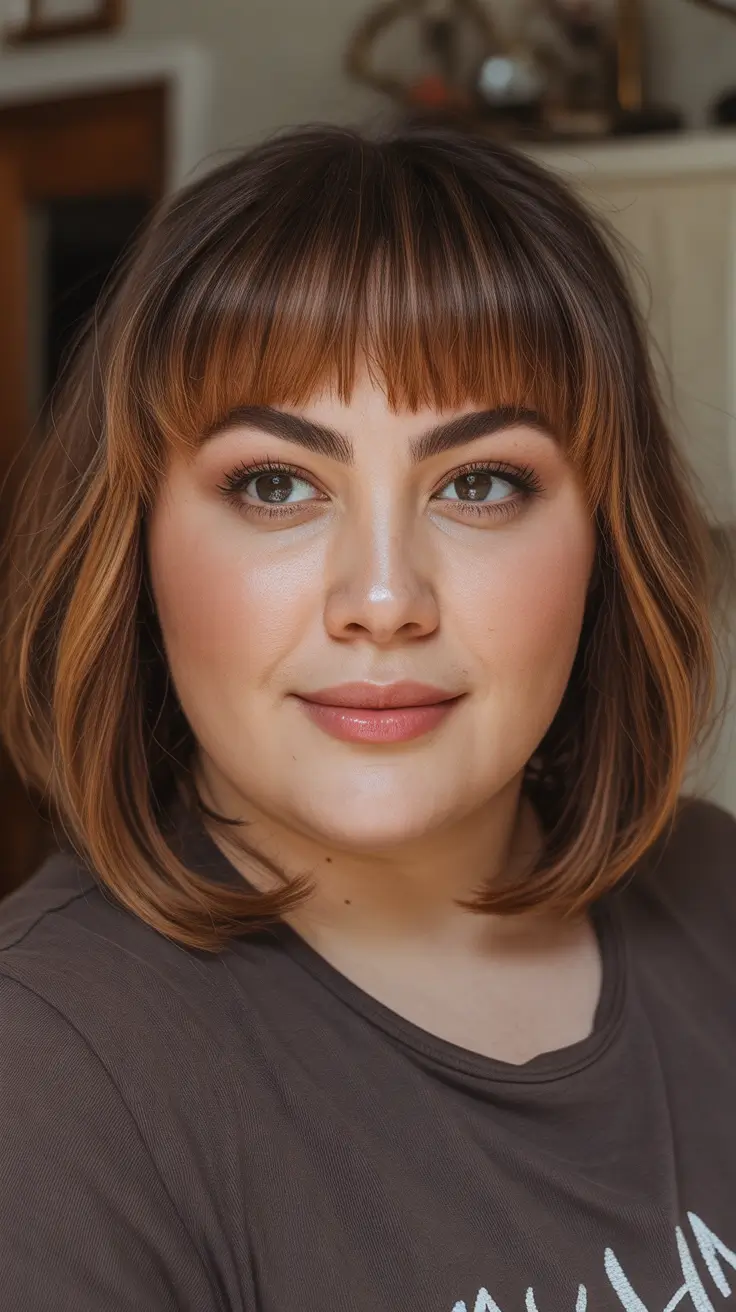 Best haircuts for fat faces 2026 - Midlength Blunt Bob With Wispy Bangs And Warm Dimension
