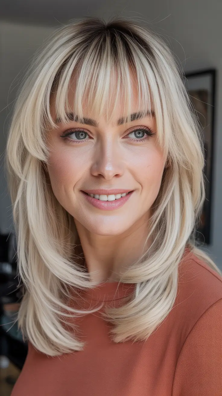 Best haircuts for medium hair 2026 - Platinum Layered Length With Soft Full Bangs