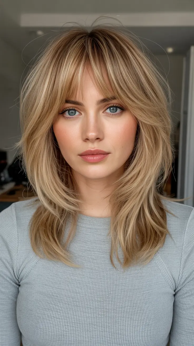 Best haircuts for medium hair 2026 - Feathered Blonde Shag With Wispy Fringe