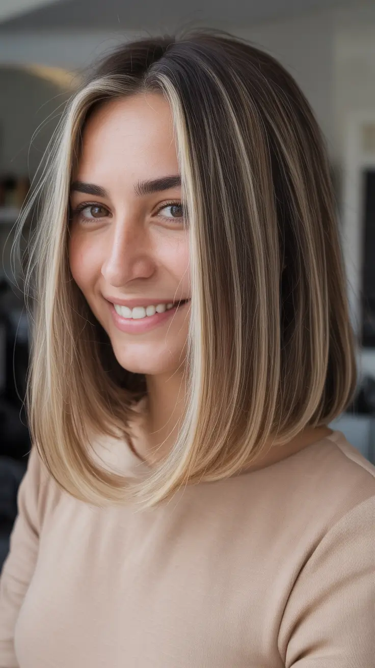 Best haircuts for medium hair 2026 - Polished Straight Lob With Bright Money-Piece Contrast