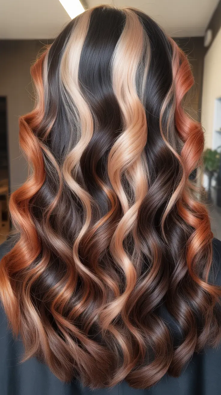 Calico hair color 2026 - Midnight Calico Curls With Blonde And Copper Panels