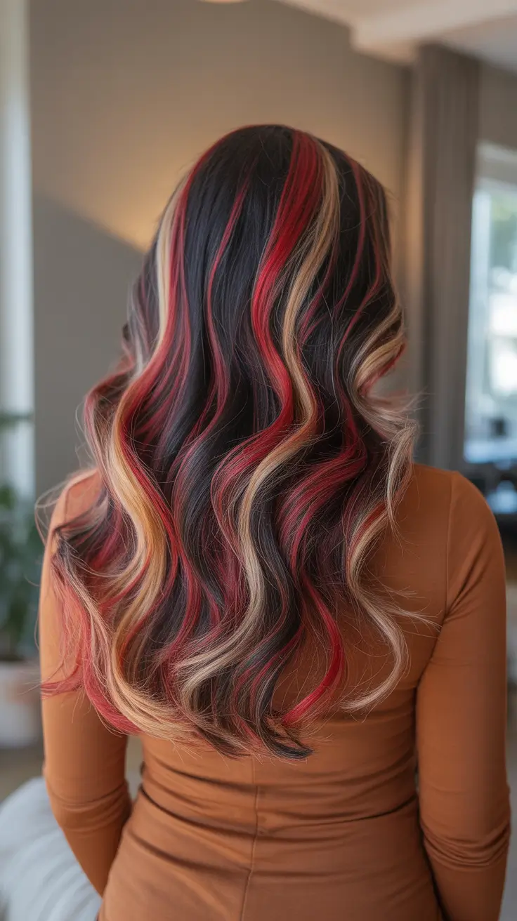 Calico hair color 2026 - Midnight Calico Waves With Cherry Red Ribbons