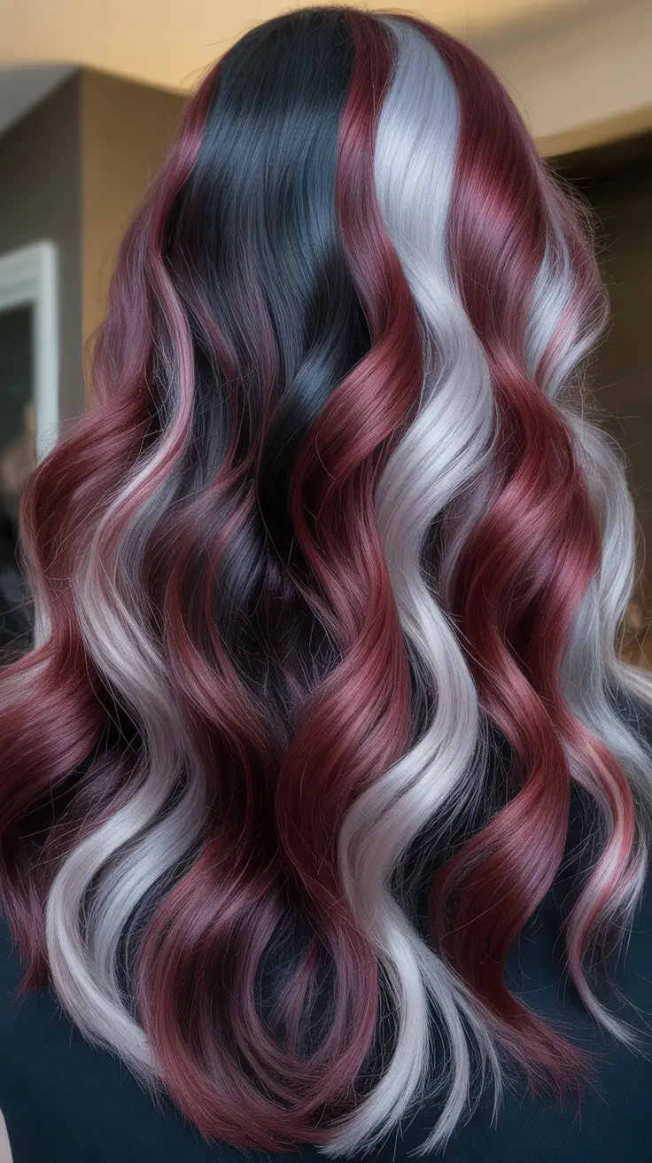 Calico hair color 2026 - Burgundy Smoke Calico Waves On A Dark Base