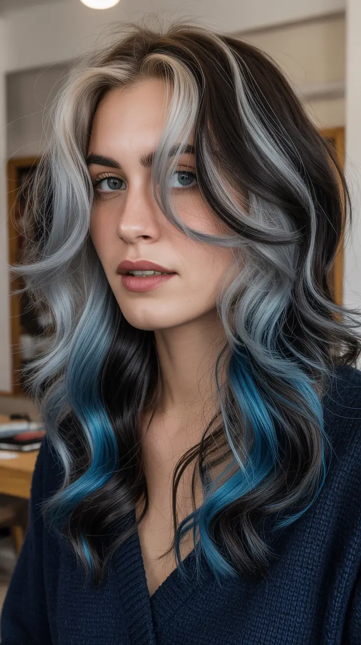 Calico hair color 2026 - Smoky Calico Lob With Electric Blue Underlights