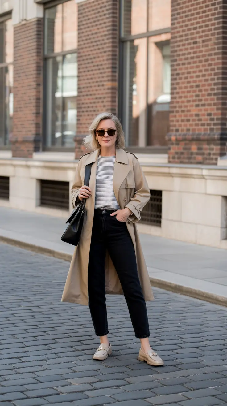 Casual outfits for women over 40 in 2026 - Trench Coat And Stripes For A Timeless Street-Style Moment