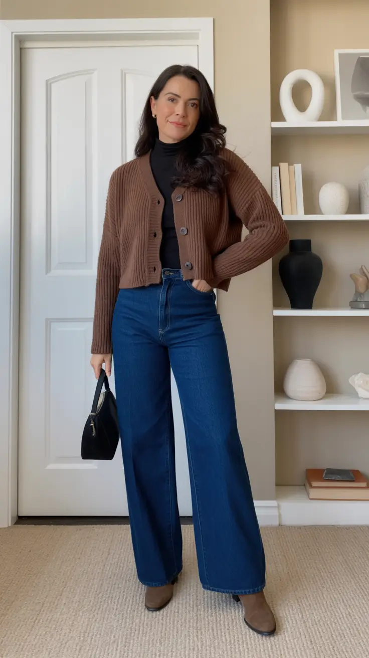 Casual outfits for women over 40 in 2026 - Cocoa Cardigan Layers With Wide-Leg Denim